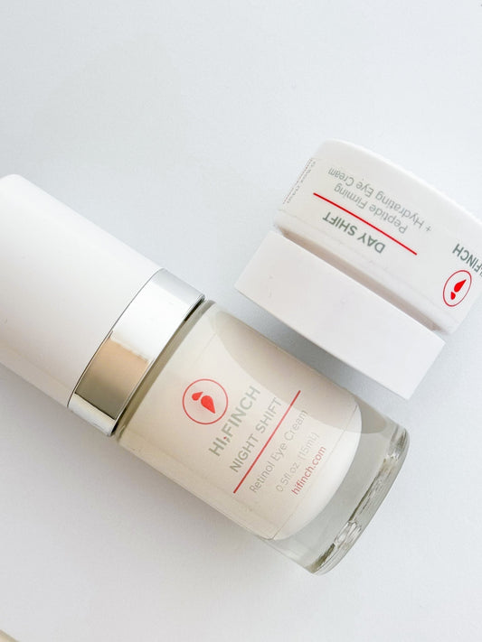 Two Hi, Finch skincare products, Day Shift Peptide Firming + Hydrating Eye Cream and Night Shift Retinol Eye Cream, displayed on a white background.
