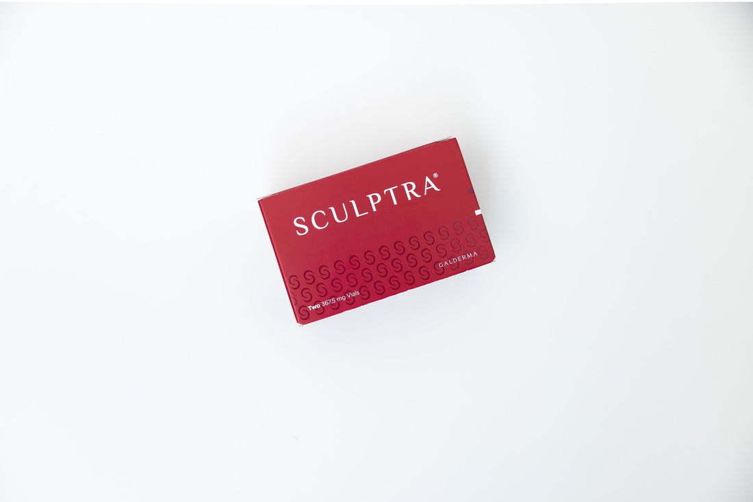 A red box of Sculptra by Galderma, placed on a clean white background, showing the product packaging used for injectable collagen stimulator treatments.