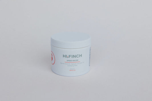 Hi, Finch Speed Racer Glycolic Acid and Salicylic Acid Exfoliating Pads in a white jar against a light gray background.