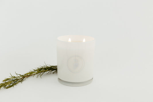 “White Hi, Finch Active Recovery Candle burning with two flames, placed beside a sprig of greenery on a minimalist white background.”
