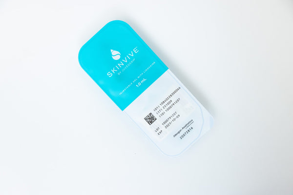  A Skinvive by Juvéderm package containing a 1.0 mL injectable gel with lidocaine, produced by Allergan Aesthetics, placed on a white background. The packaging includes a QR code, lot number, and expiration date.